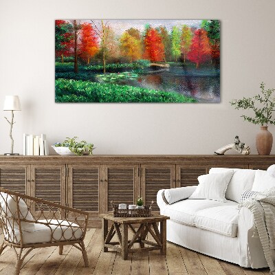 Autumn scenery by the lake Glass art print