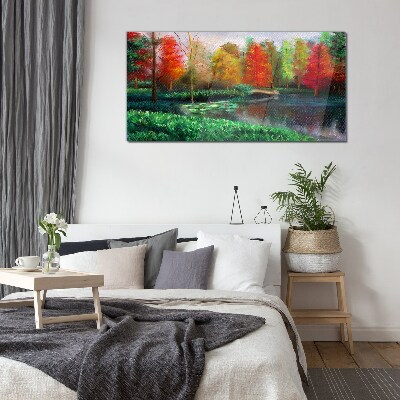 Autumn scenery by the lake Glass art print