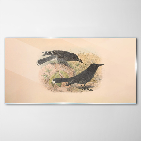 Black birds on a pastel background Wall art on glass