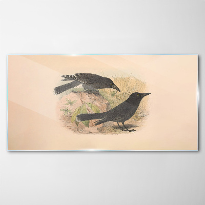 Black birds on a pastel background Wall art on glass