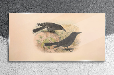 Black birds on a pastel background Wall art on glass
