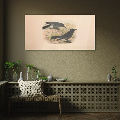 Black birds on a pastel background Wall art on glass