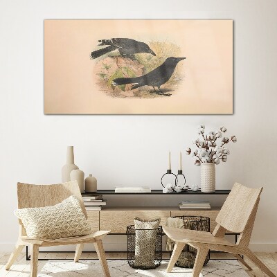 Black birds on a pastel background Wall art on glass