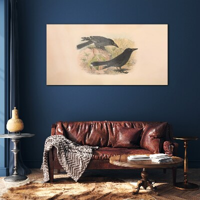 Black birds on a pastel background Wall art on glass