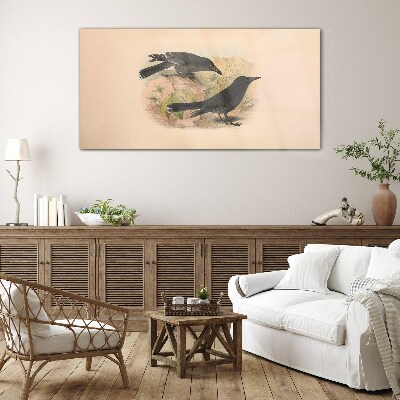 Black birds on a pastel background Wall art on glass