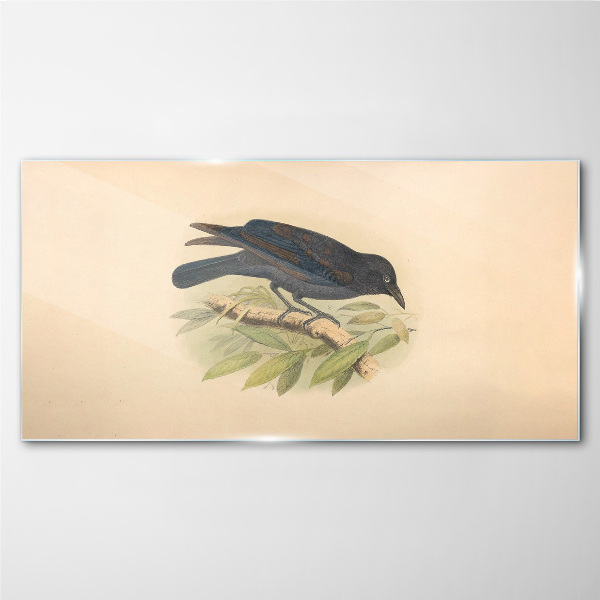 Black bird on a branch Glass art print