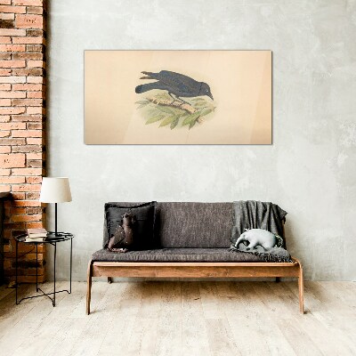 Black bird on a branch Glass art print