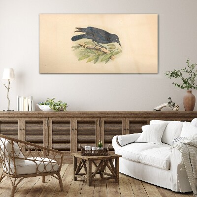 Black bird on a branch Glass art print