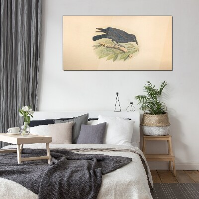 Black bird on a branch Glass art print