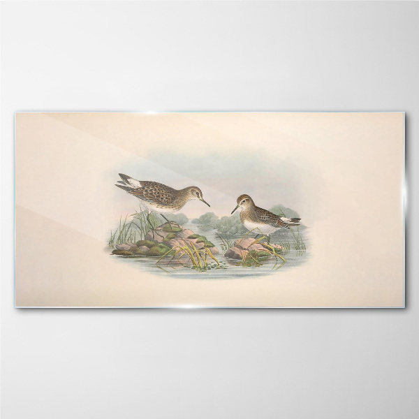 Birds by the pond in pastel colors Wall art on glass