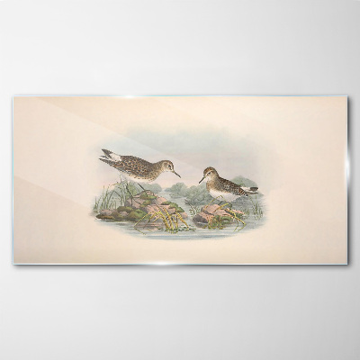 Birds by the pond in pastel colors Wall art on glass