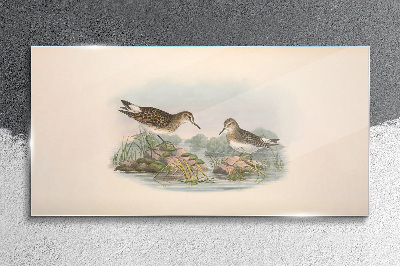 Birds by the pond in pastel colors Wall art on glass