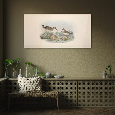 Birds by the pond in pastel colors Wall art on glass