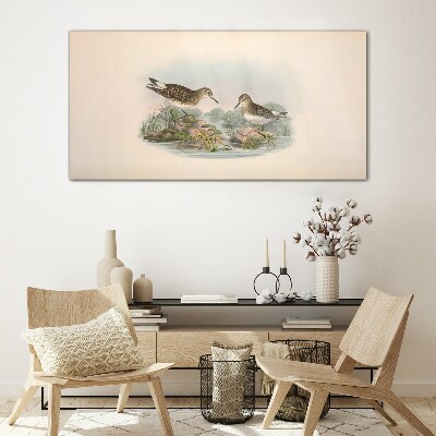 Birds by the pond in pastel colors Wall art on glass