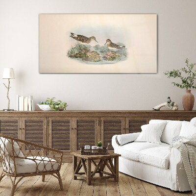 Birds by the pond in pastel colors Wall art on glass