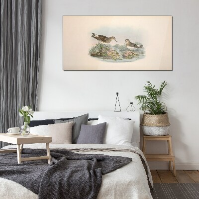 Birds by the pond in pastel colors Wall art on glass