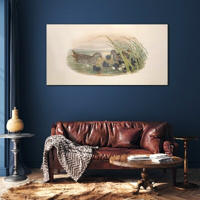 Duck families in a water environment Glass art print