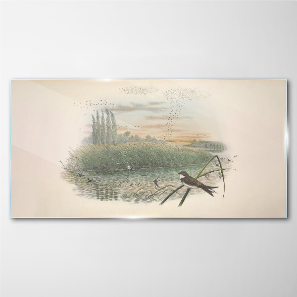 Peaceful landscape with a bird Wall art on glass
