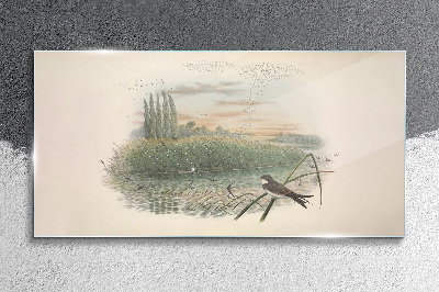 Peaceful landscape with a bird Wall art on glass