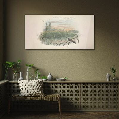 Peaceful landscape with a bird Wall art on glass