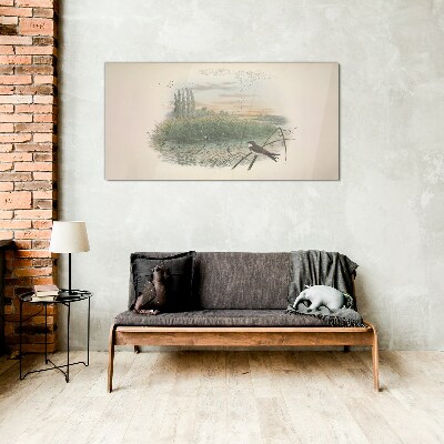 Peaceful landscape with a bird Wall art on glass