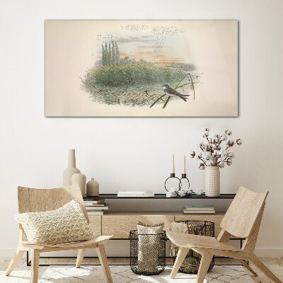 Peaceful landscape with a bird Wall art on glass