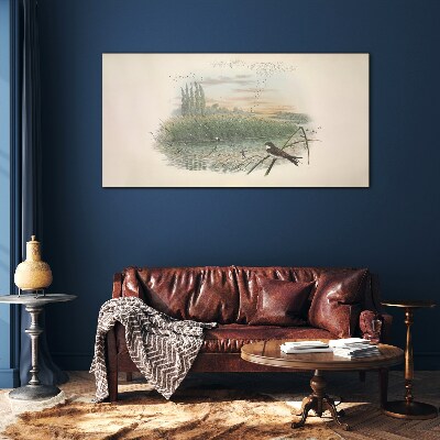 Peaceful landscape with a bird Wall art on glass