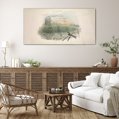 Peaceful landscape with a bird Wall art on glass
