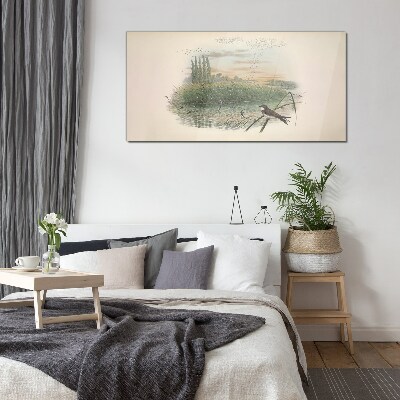 Peaceful landscape with a bird Wall art on glass