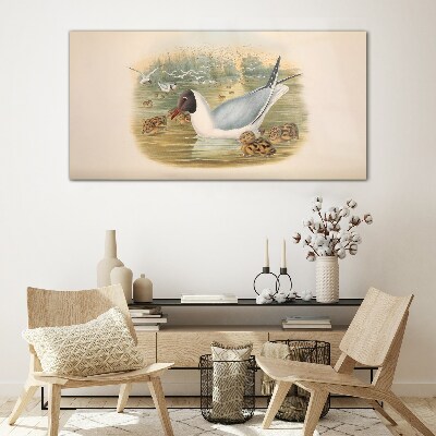 Seagull with young in the water Glass art print