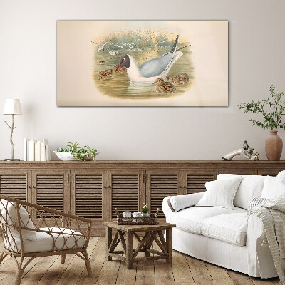 Seagull with young in the water Glass art print