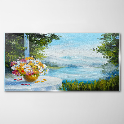 Flower bouquet by the lake Glass art print
