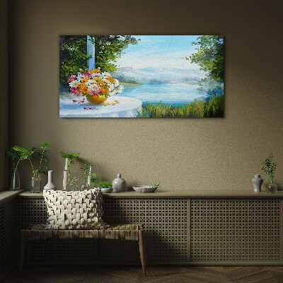 Flower bouquet by the lake Glass art print