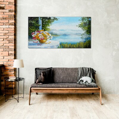 Flower bouquet by the lake Glass art print