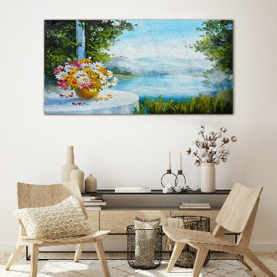 Flower bouquet by the lake Glass art print