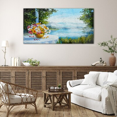 Flower bouquet by the lake Glass art print