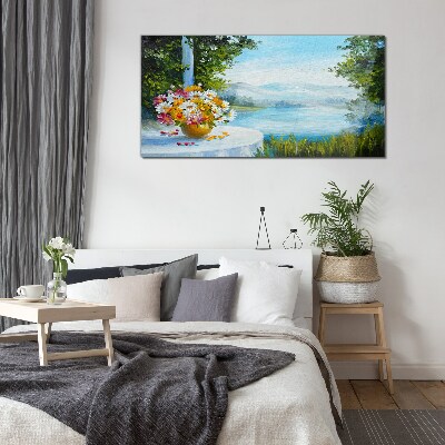 Flower bouquet by the lake Glass art print