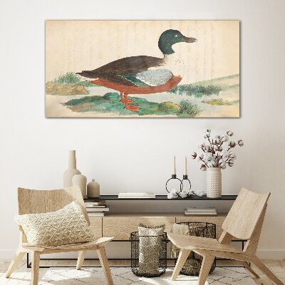 Duck against the green background Wall art on glass