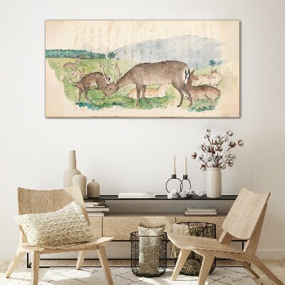 Peaceful landscape with deer Glass art print