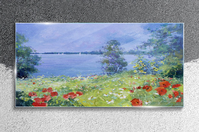 Flower landscape by the lake Wall art on glass
