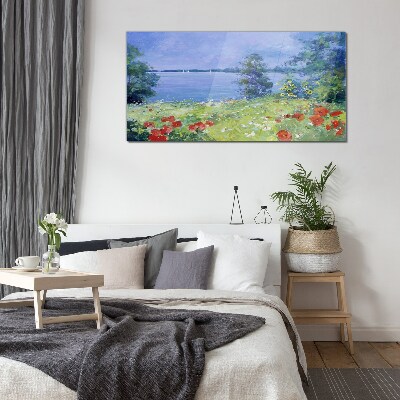 Flower landscape by the lake Wall art on glass