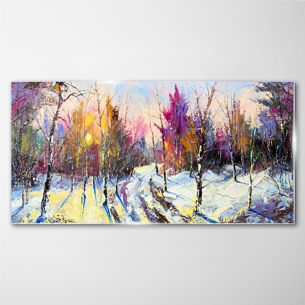 Winter landscape in sunset colors Wall art on glass