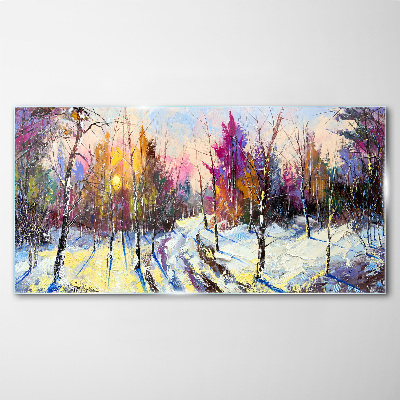 Winter landscape in sunset colors Wall art on glass
