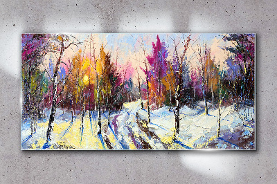 Winter landscape in sunset colors Wall art on glass