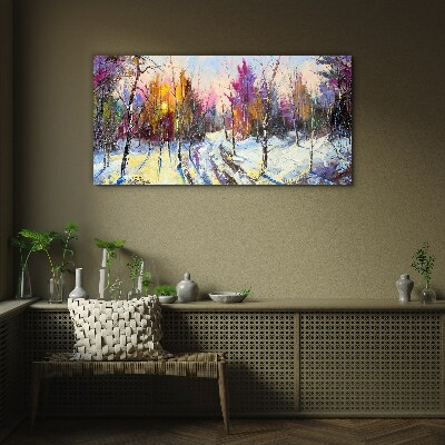 Winter landscape in sunset colors Wall art on glass