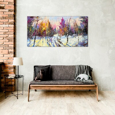 Winter landscape in sunset colors Wall art on glass