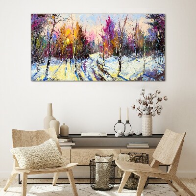 Winter landscape in sunset colors Wall art on glass