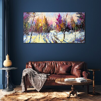 Winter landscape in sunset colors Wall art on glass