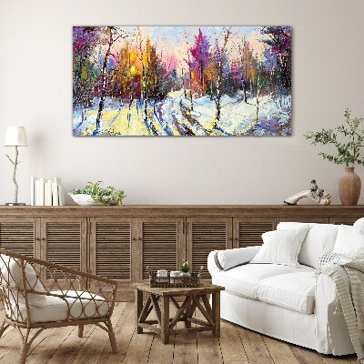 Winter landscape in sunset colors Wall art on glass