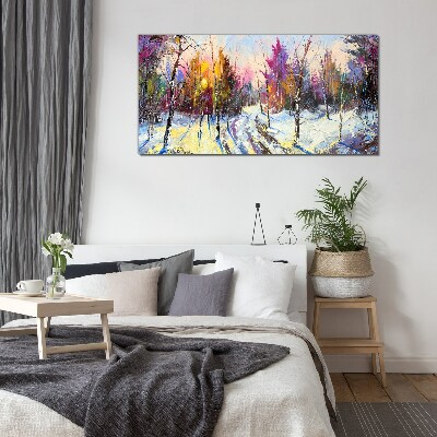 Winter landscape in sunset colors Wall art on glass